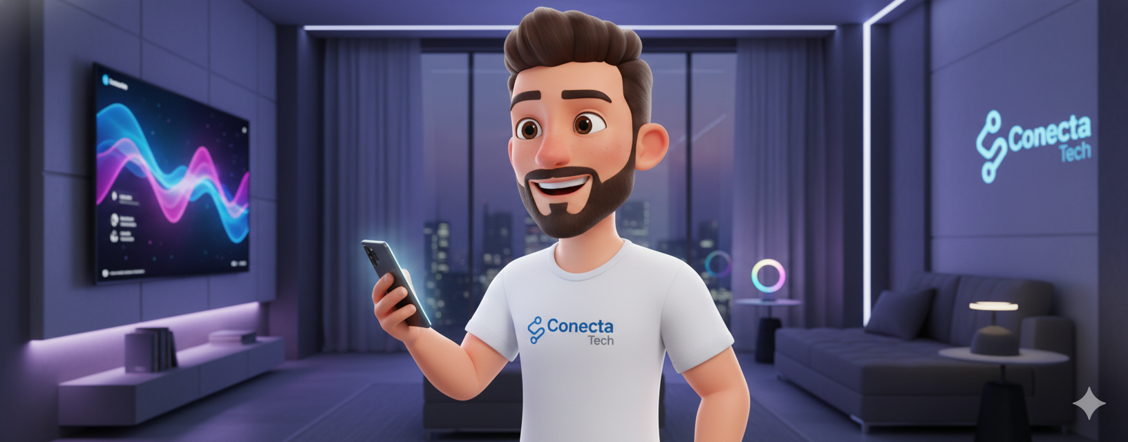 João Conecta na sala de estar à noite, com a TV e a iluminação da casa ajustadas pelo celular
