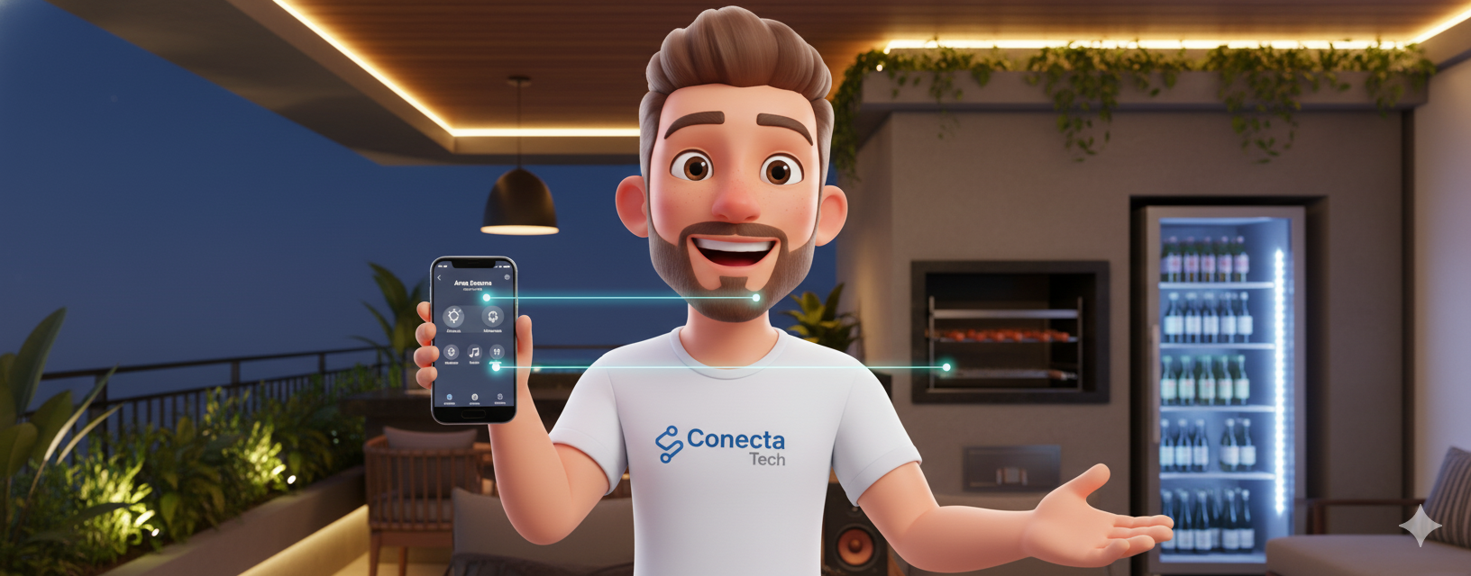 João Conecta à noite na área externa, controlando as luzes, o som e a churrasqueira pelo celular